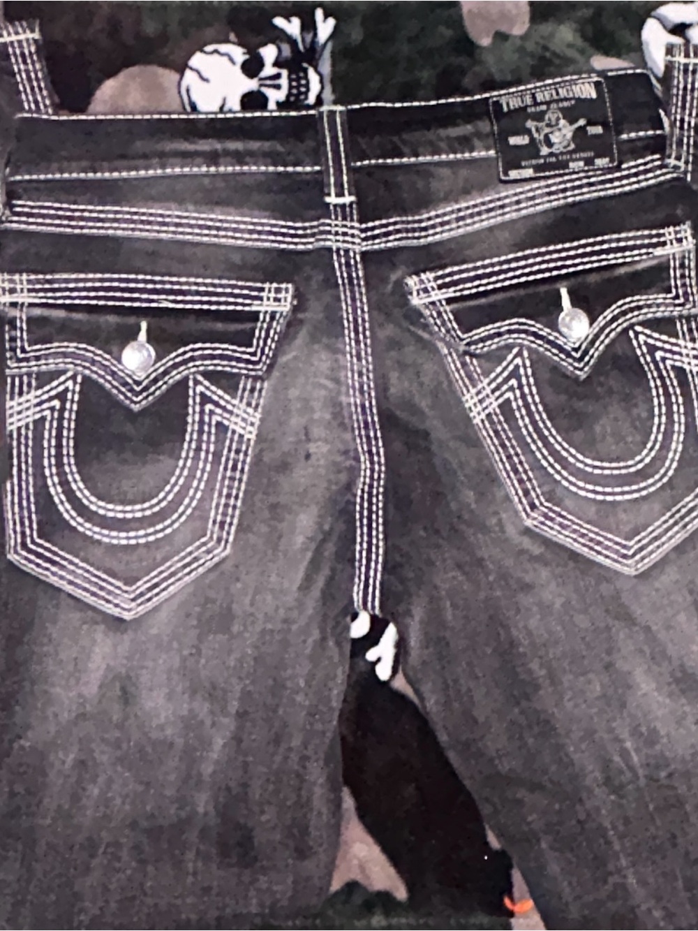 True Religion Men’s Black Denim Bootcut Jeans with White Stitching